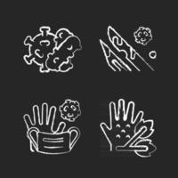 Infectious bio waste chalk white icons set on black background. Plants pathogens. Medical waste which contains infected liquids. Bacteria and viruses. Isolated vector chalkboard illustrations