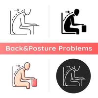 Forward tilted sitting position icon. Rounded shoulders and hunched stance. Slouched position at desk. Unsupported posture. Linear black and RGB color styles. Isolated vector illustrations