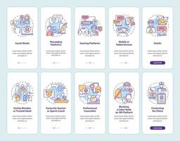 Cyberharassment sources onboarding mobile app page screen with concepts set. Reporting incidences walkthrough 5 steps graphic instructions. UI, UX, GUI vector template with linear color illustrations