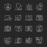 Computer problems chalk white icons set on black background. Laptop not starting, screen error. System failure. Hardware crash. Software issue on notebook. Isolated vector chalkboard illustrations