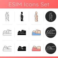 Poor posture problems icons set. Improving upright position. Incorrect sleeping pose. Nerve compression. Natural curvature. Linear, black and RGB color styles. Isolated vector illustrations