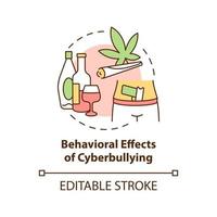 Behavioral cyberbullying effects concept icon. Negative aftermaths idea thin line illustration. Engaging in substance abuse. Avoiding school. Vector isolated outline RGB color drawing. Editable stroke