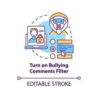 Turning on bullying comments filter concept icon. Cyberbullying prevention idea thin line illustration. Anti-bullying option on social media. Vector isolated outline RGB color drawing. Editable stroke