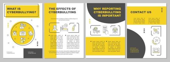 Cyberbullying meaning brochure template. Reporting cyberharassment. Flyer, booklet, leaflet print, cover design with linear icons. Vector layouts for presentation, annual reports, advertisement pages