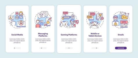 Cyberbullying channels onboarding mobile app page screen with concepts. Social media, platforms walkthrough 5 steps graphic instructions. UI, UX, GUI vector template with linear color illustrations