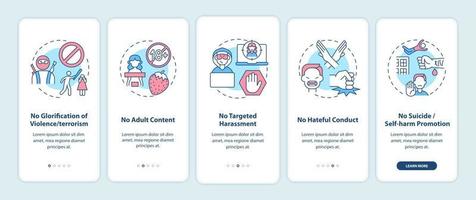 Social media safety rules onboarding mobile app page screen with concepts. No target harassment walkthrough 5 steps graphic instructions. UI, UX, GUI vector template with linear color illustrations