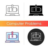 Computer does not charge icon. Broken notebook battery. Electricity supply issue. Repair service. Laptop problems symptom. Linear black and RGB color styles. Isolated vector illustrations