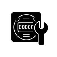 Electrical meter repair black glyph icon. Clock-like device installation. Energy meter maintenance. House, accommodation. Silhouette symbol on white space. Vector isolated illustration