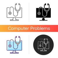 Computer diagnostics icon. Laptop problems scan. Fix electronics issue. Tech support, repair service. Online medical program. Linear black and RGB color styles. Isolated vector illustrations