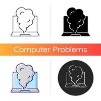 Smoking computer icon. Symptom of overheating hardware. Broken notebook. System failure. Damaged PC. Laptop problems. Linear black and RGB color styles. Isolated vector illustrations