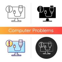 USB does not work icon. Cable connection issue. Desktop computer problem. Plug in failure. Tech support service for electronics. Linear black and RGB color styles. Isolated vector illustrations