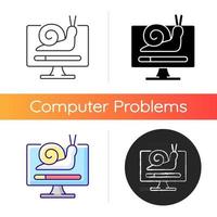 Slow computer icon. Waiting for loading. Connecting to network, issue with internet traffic. Slow download and processing. Linear black and RGB color styles. Isolated vector illustrations