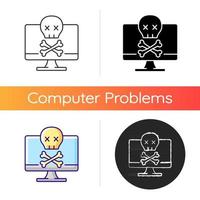 Computer not starting icon. Fatal system error. PC crash, software failure. Broken technology. Laptop problems. Tech support. Linear black and RGB color styles. Isolated vector illustrations