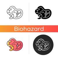 Parasites icon. Infection carrier. Poisonous worm. Transmitted disease. Dangerous micro organisms in meat and food. Linear black and RGB color styles. Isolated vector illustrations