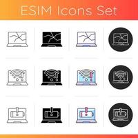 Broken computer icons set. Cracked monitor. Damaged screen. No wifi connection. Low battery, not charging. Repair service. Linear, black and RGB color styles. Isolated vector illustrations