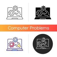 Computer repair service icon. Installing software on notebook. Upgrading system. Tech support for electronics. Laptop problems. Linear black and RGB color styles. Isolated vector illustrations