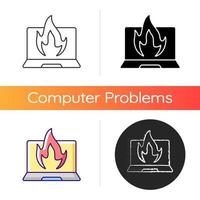 Computer burning icon. Hardware crash, overheating issue. Burning laptop, PC problems. Electronics destruction. Broken technology. Linear black and RGB color styles. Isolated vector illustrations