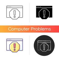 Computer error icon. System failure, message window for PC monitor. Cyber safety danger. Diagnostics for software issues. Linear black and RGB color styles. Isolated vector illustrations