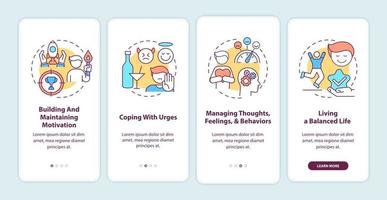 Addiction recovery steps methods onboarding mobile app page screen with concepts. Build motivation walkthrough 4 steps graphic instructions. UI, UX, GUI vector template with linear color illustrations