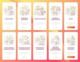 Cyberviolence channels onboarding mobile app page screen with concepts set. Cyberbullies blocking walkthrough 5 steps graphic instructions. UI, UX, GUI vector template with linear color illustrations