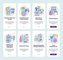 Rehabilitation onboarding mobile app page screen with concepts set. Addiction types walkthrough 5 steps graphic instructions. UI, UX, GUI vector template with linear color illustrations