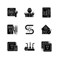 Electrician service black glyph icons set on white space. Electrical meter repair. Circuit breaker panel. Screwdrivers, pliers. Sparks and overheating. Silhouette symbols. Vector isolated illustration