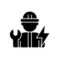 Electrician black glyph icon. Electrical wiring system installation and maintenance. Operating with electric devices, equipment. Silhouette symbol on white space. Vector isolated illustration