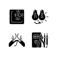 Electrician service black glyph icons set on white space. Sparking outlet. Changing lightbulb. Frayed, tattered cord. Electrician tools. Short circuit. Silhouette symbols. Vector isolated illustration