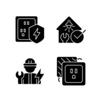 Electrician service black glyph icons set on white space. Surge protection. Electrical safety inspection. Operating with electric devices, equipment. Silhouette symbols. Vector isolated illustration