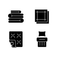 Household textile black glyph icons set on white space. Folded sheets. Electric blanket. Kitchen napkins. Linen bedding. Textile product, house cloths. Silhouette symbols. Vector isolated illustration