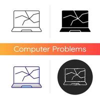 Broken screen icon. Cracked display. Crashed monitor. Smashed touch screen, electronic device repair service. Computer damage. Linear black and RGB color styles. Isolated vector illustrations