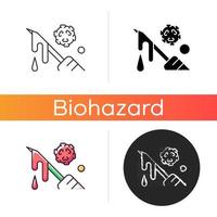 Blood icon. Hospital waste transmitting infectious material. Biological risk for people health. Biomedical trash. Linear black and RGB color styles. Isolated vector illustrations