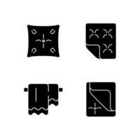 Household cloth black glyph icons set on white space. Soft cushion. Orthopedic mattress. Hanging bathroom towels. Bed cover, sheets. Textile products. Silhouette symbols. Vector isolated illustration