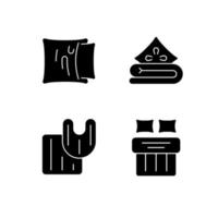 Domestic textile black glyph icons set on white space. Pillow case. Linen bedding. Bathroom rugs. Double bed sheets, blankets. House material products. Silhouette symbols. Vector isolated illustration