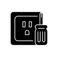 Outlet repair black glyph icon. Electrical plugs and sockets. Voltage testing. Devices connection. Damaged wires fixing. Silhouette symbol on white space. Vector isolated illustration