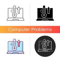 Computer overheating icon. High processor temperature. Hot notebook, issue with cooling system. Tech support and repair service. Linear black and RGB color styles. Isolated vector illustrations