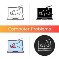 Computer makes strange noises icon. Loud sound from notebook. System issue symptom. Software failure on PC. Laptop problems. Linear black and RGB color styles. Isolated vector illustrations