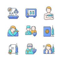 Covid vaccination RGB color icons set. Pharmaceutical drug production and storage. Disease treatment. Doctor and patient. Illness symptom. Health care and medicine. Isolated vector illustrations