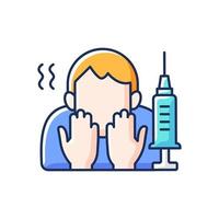Fear of vaccination RGB color icon. Phobia of injection. Afraid of syringe needles. Health treatment problem. Scared of vaccine shot. Anti vaxxer. Patient with anxiety. Isolated vector illustration