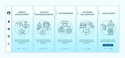 Personal brand rules onboarding vector template. Responsive mobile website with icons. Web page walkthrough 5 step screens. Self influencer promotion color concept with linear illustrations