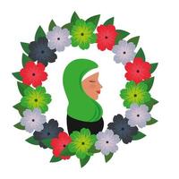 Perfil de mujer islámica con burka tradicional en ofrenda floral vector