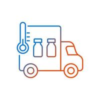 Icono de vector lineal gradiente de transporte de vacuna. distribución de drogas. furgoneta de envío de remedios farmacéuticos. cuidado de la salud. símbolos de color de línea fina. pictograma de estilo moderno. dibujo de contorno aislado vectorial