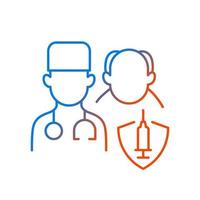 Vaccination priority list gradient linear vector icon. Senior patient with doctor. Age group for vaccine injection. Thin line color symbols. Modern style pictogram. Vector isolated outline drawing