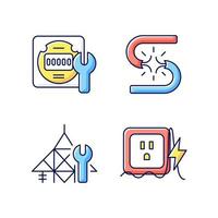 Electrician service RGB color icons set. Energy meter maintenance. Short circuit. Power line repair. Isolated vector illustrations. Voltage excess simple filled line drawings collection