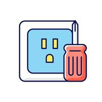 icono de color rgb de reparación de salida. enchufes y enchufes eléctricos. prueba de voltaje. conexión de dispositivos. Fijación de cables dañados. ilustración vectorial aislada. prevención de peligro de incendio simple dibujo de líneas llenas vector