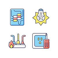 Electrician service RGB color icons set. Circuit breaker panel. Exploding light bulb. Outlet repair. Isolated vector illustrations. Electricity supply system simple filled line drawings collection