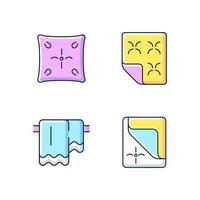 Household cloth RGB color icons set. Soft cushion. Orthopedic mattress. Hanging bathroom towels. Bed cover. Isolated vector illustrations. Textile products simple filled line drawings collection