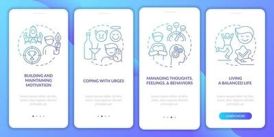 Addiction recovery steps methods onboarding mobile app page screen with concepts. Balanced life walkthrough 4 steps graphic instructions. UI, UX, GUI vector template with linear color illustrations