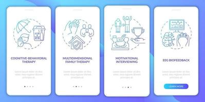 Addiction treatment methods onboarding mobile app page screen with concepts. Eeg biofeedback walkthrough 4 steps graphic instructions. UI, UX, GUI vector template with linear color illustrations