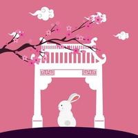 little rabbit with chinese arch and tree plant scene vector